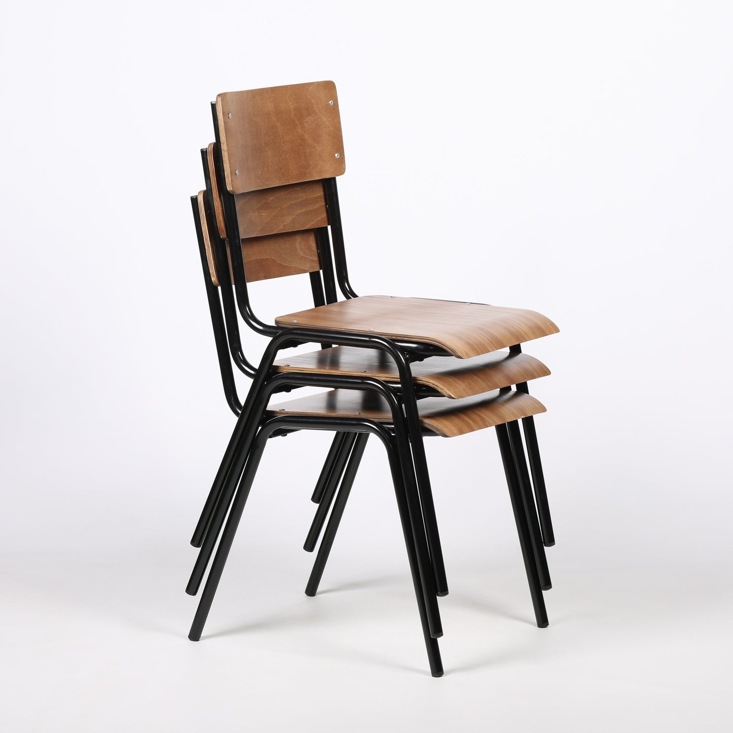 Vintage Retro School Style Black Metal Frame Industrial Plywood Dining Chair