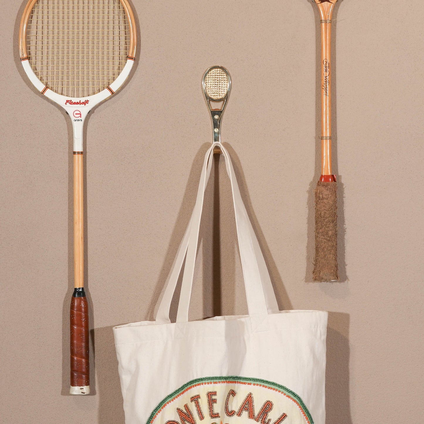 Tennis Racquet Metal Polished Brass Wall Mounted Hook