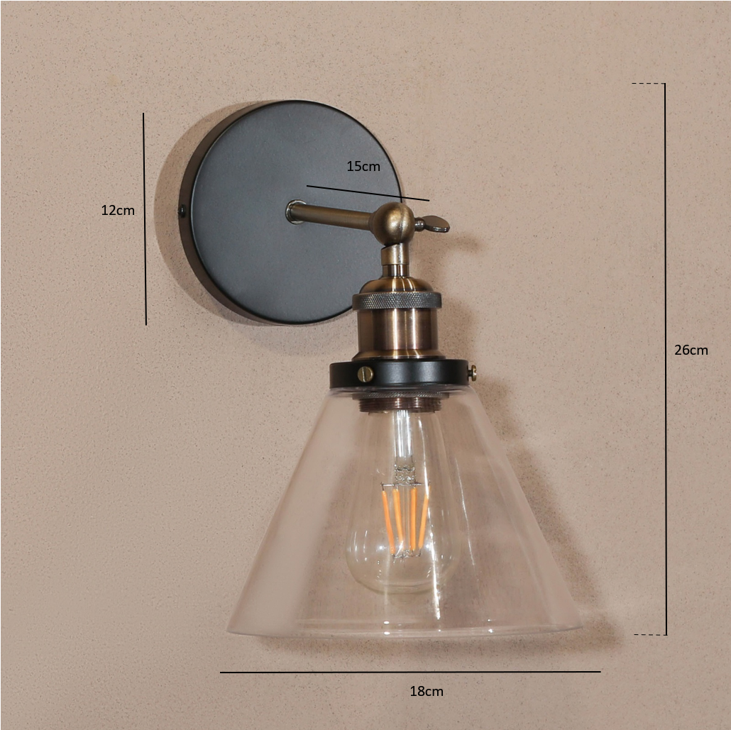 Industrial Wall Light - Black and Brass Finish with Glass Shade