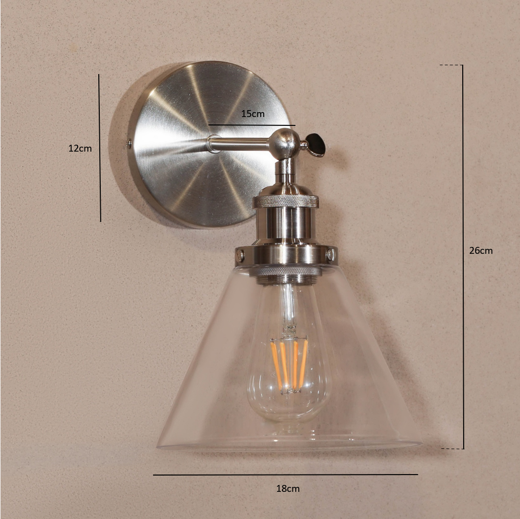 Industrial Wall Light - Nickel Finish With Glass Shade