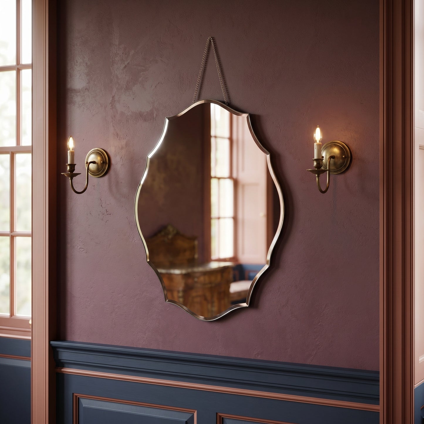 Bevelled Mid Century Ornate Scalloped Frameless Hanging Wall Mirror