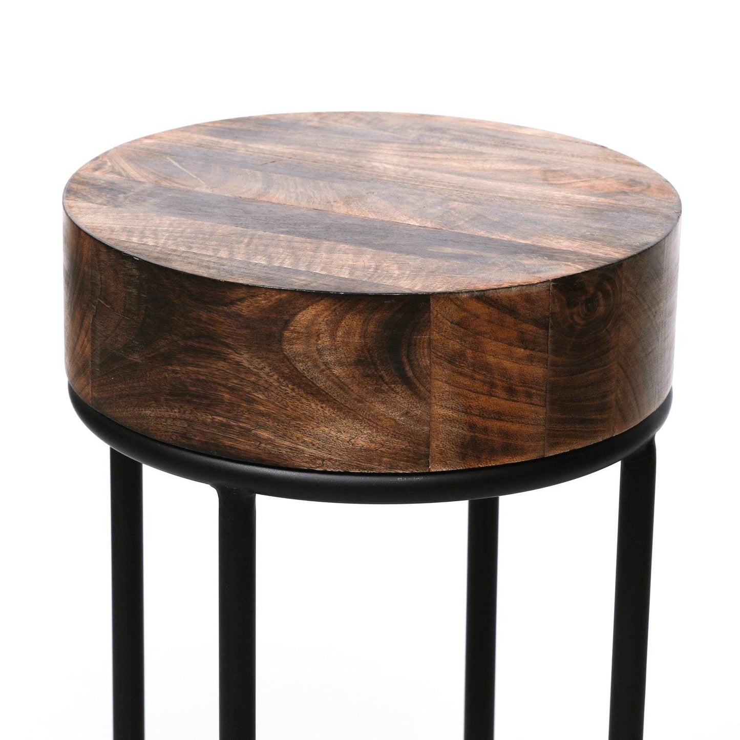 68cm Industrial Metal Black Bar Stool Chunky Round Wooden Top Kitchen Side Table - Esmae & Rose