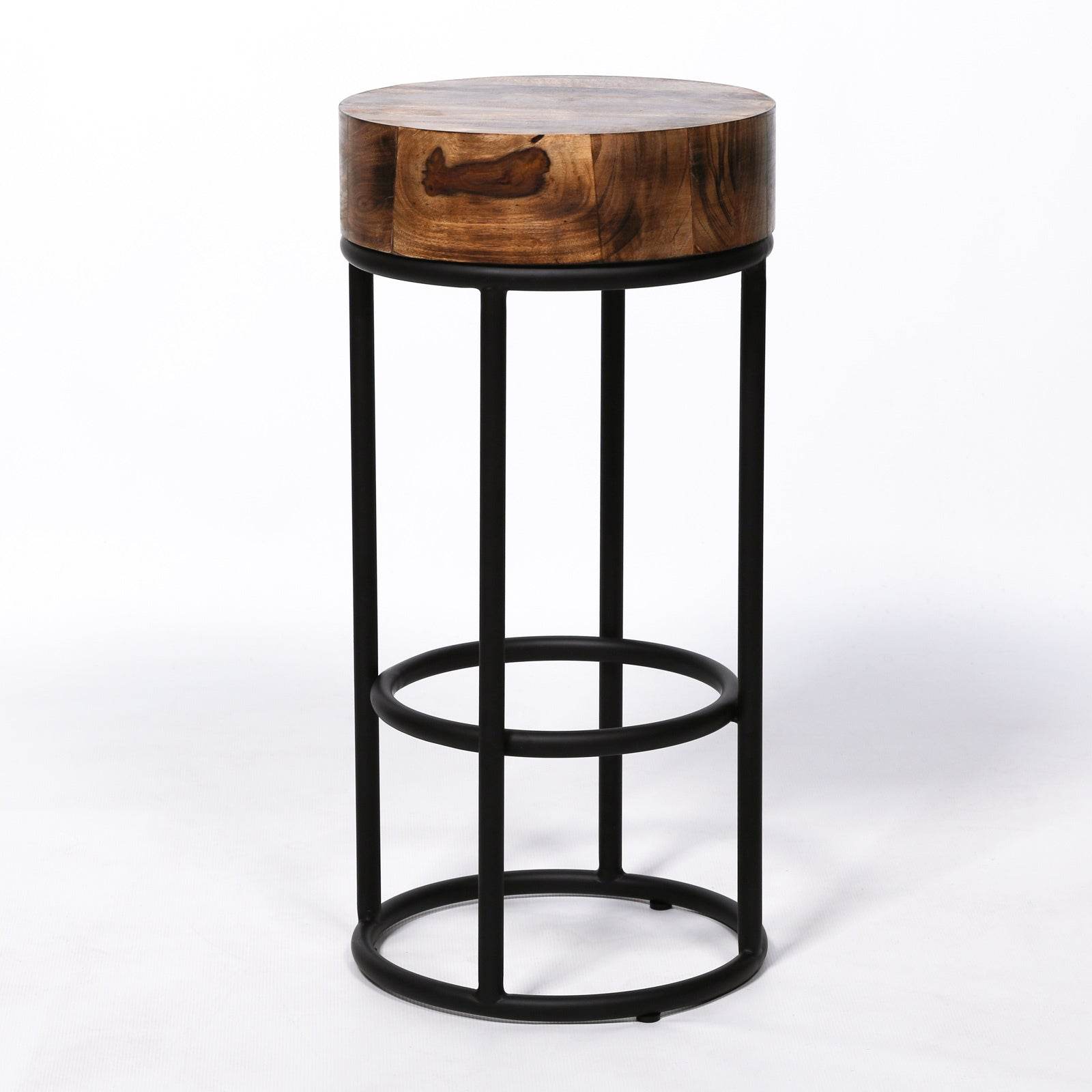 68cm Industrial Metal Black Bar Stool Chunky Round Wooden Top Kitchen Side Table - Esmae & Rose