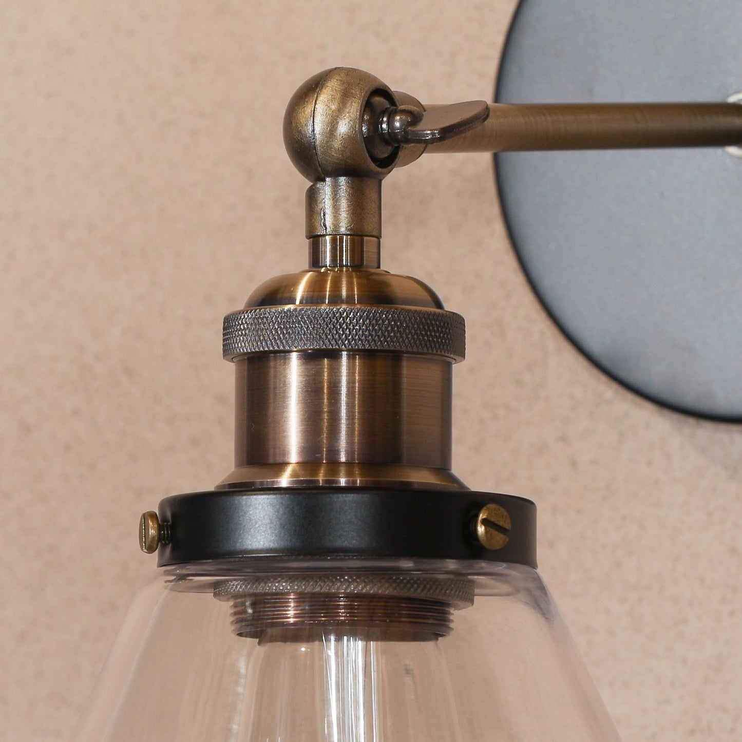 Industrial Wall Light - Black and Brass Finish with Glass Shade