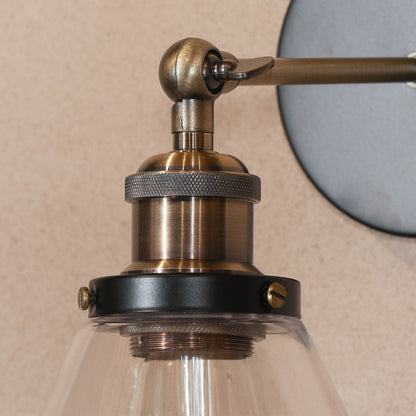 Industrial Wall Light - Black and Brass Finish with Glass Shade