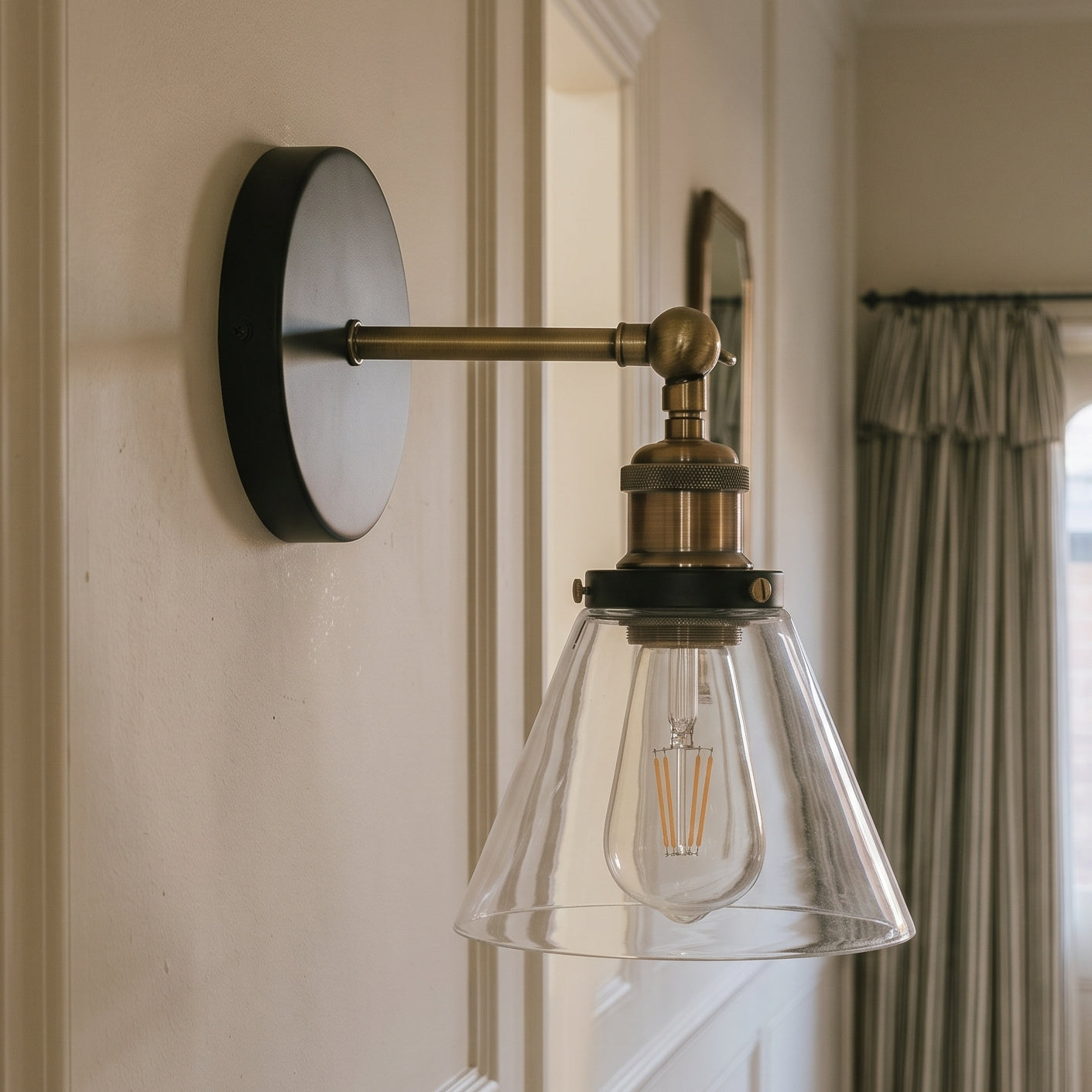 Industrial Wall Light - Black and Brass Finish with Glass Shade