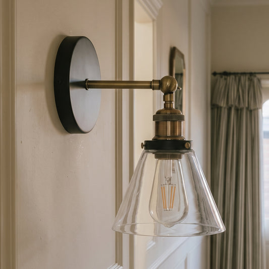 Industrial Wall Light - Black and Brass Finish with Glass Shade