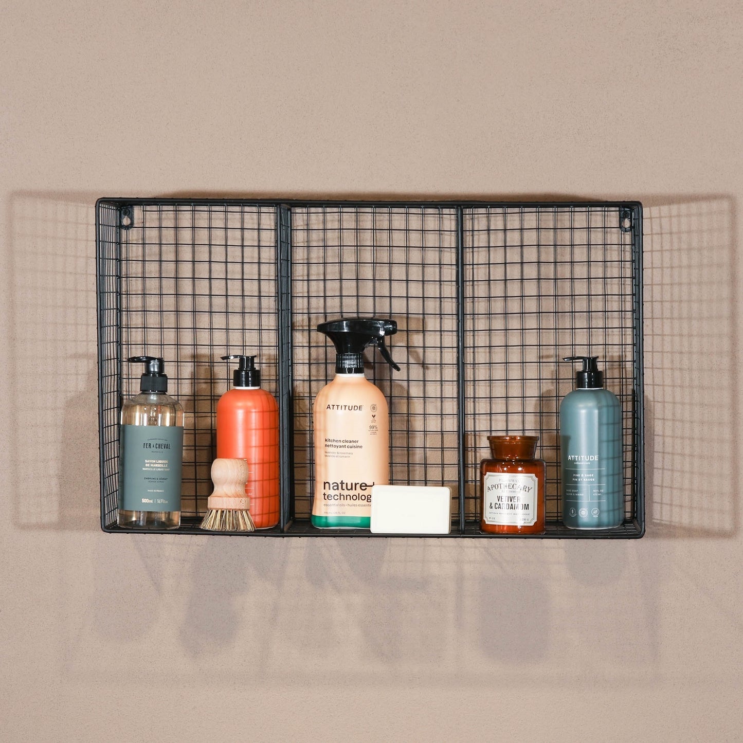 Industrial Metal Wire Large 3 Compartment Black Wall Mounted Shelf