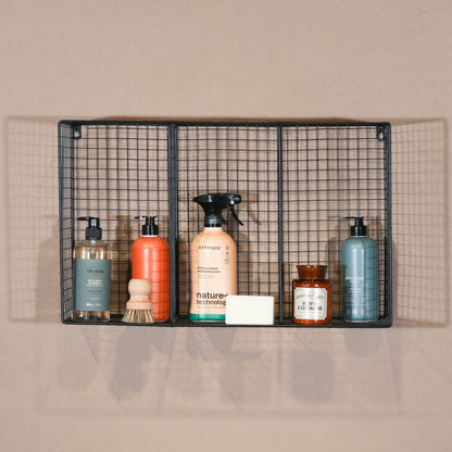 Industrial Metal Wire Large 3 Compartment Black Wall Mounted Shelf