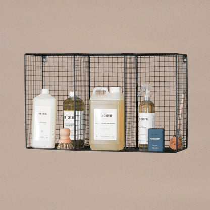 Industrial Metal Wire Large 3 Compartment Black Wall Mounted Shelf
