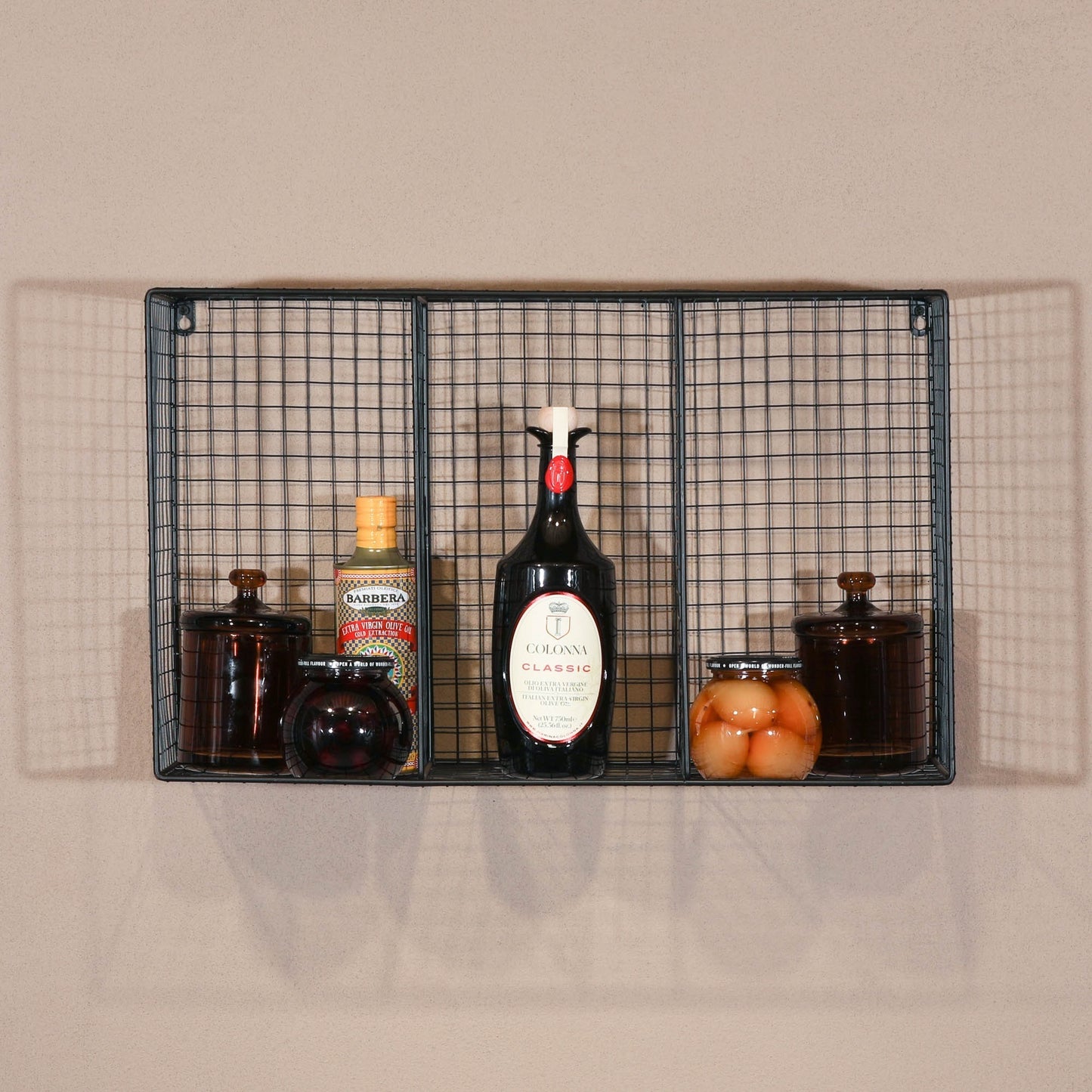 Industrial Metal Wire Large 3 Compartment Black Wall Mounted Shelf