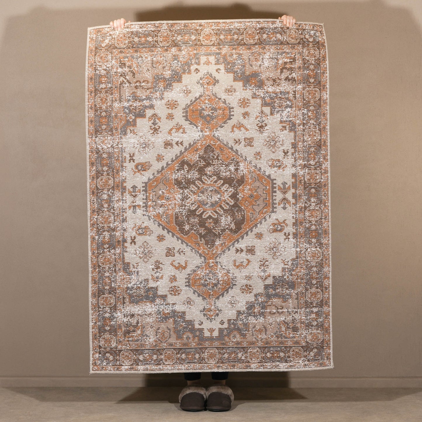 Greige Brown Distressed Traditional Chenille Cotton