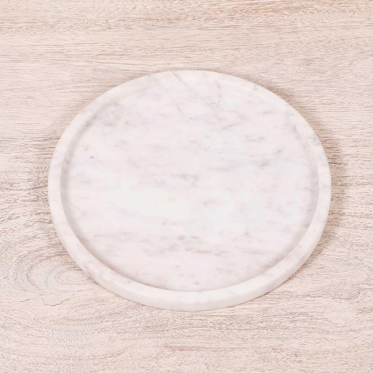 Natural Veined 25cm Round Hand-Finished White Marble Decorative Tray