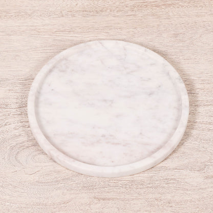 Natural Veined 25cm Round Hand-Finished White Marble Decorative Tray