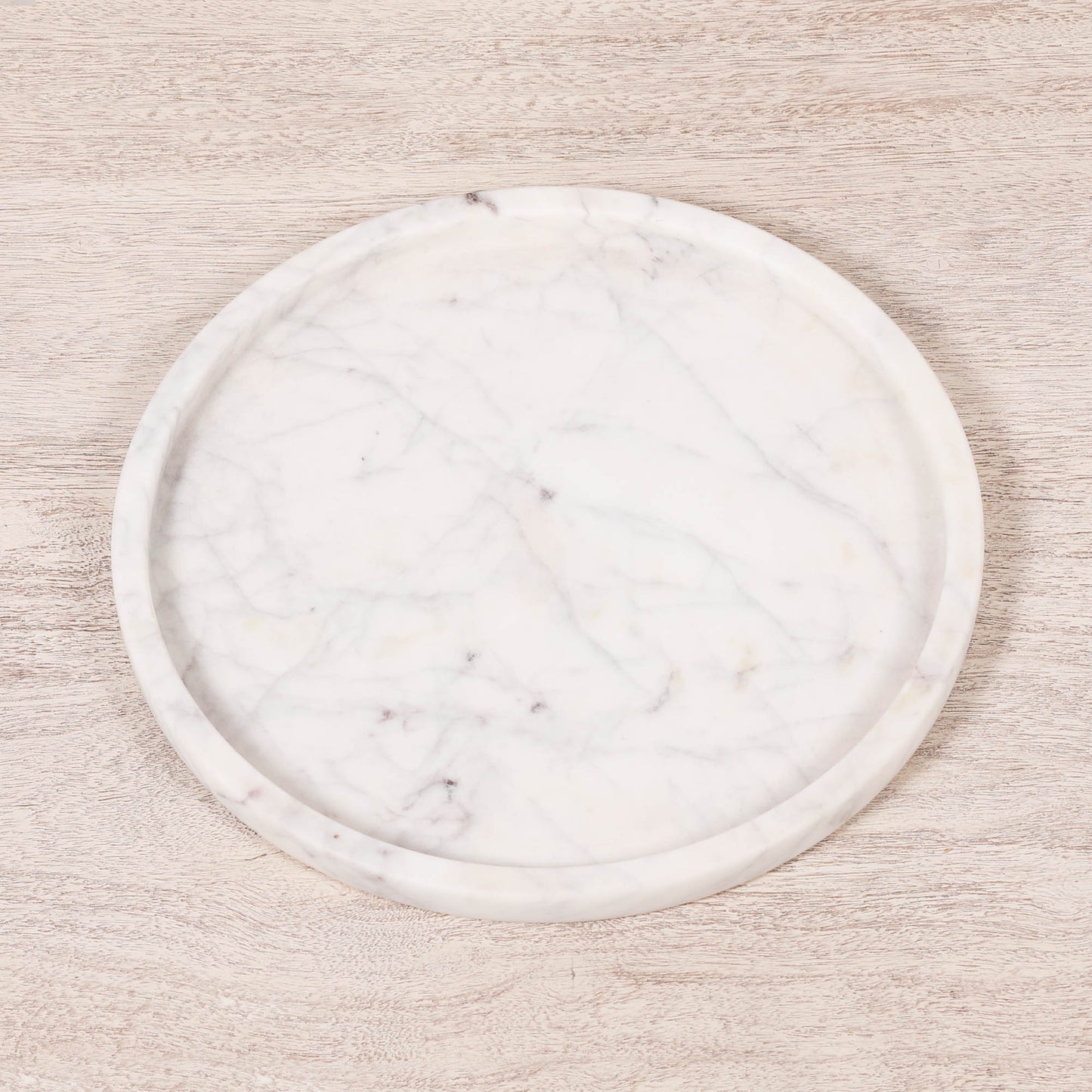 Natural Veined 30cm Round Hand-Finished White Marble Decorative Tray