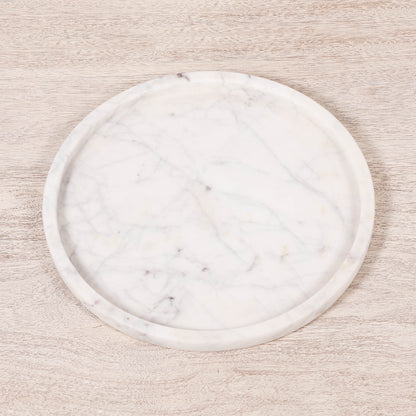 Natural Veined 30cm Round Hand-Finished White Marble Decorative Tray