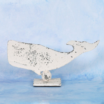 Maritime Seaside Décor Nautical Decorative 34 cm Metal Distressed White Rustic Iron Large Whale On Stand