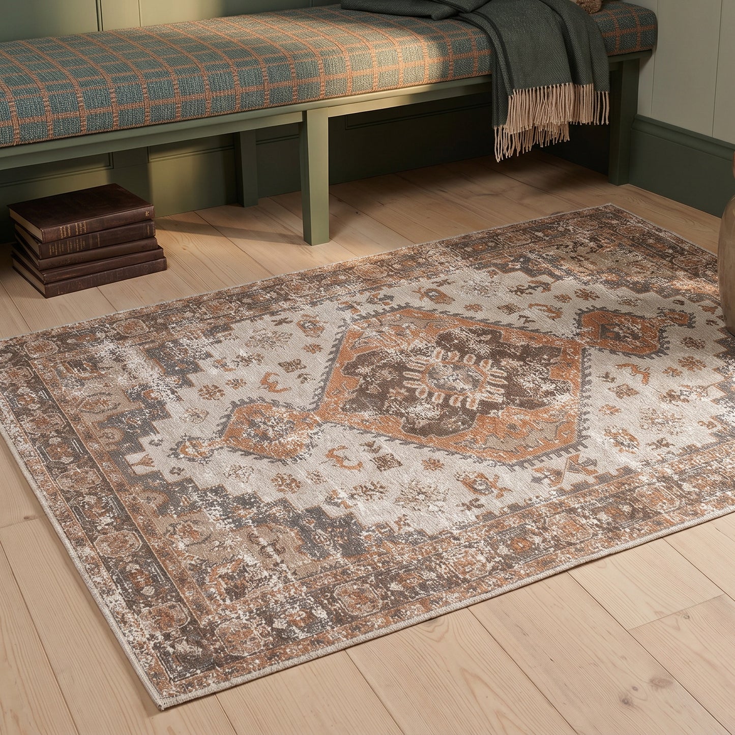 Greige Brown Distressed Traditional Chenille Cotton