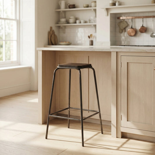 Industrial Lab Raw Steel Lacquer Style Stackable Wooden Bar Stool Breakfast Bar