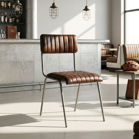 Iron Industrial Loft Ribbed Genuine Real Leather Metal Vintage Dining Chair