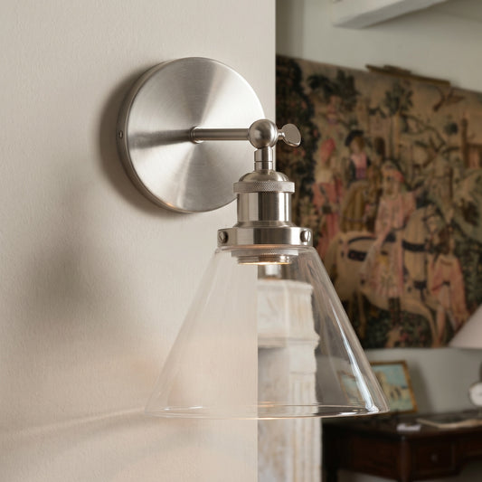 Industrial Wall Light - Nickel Finish With Glass Shade