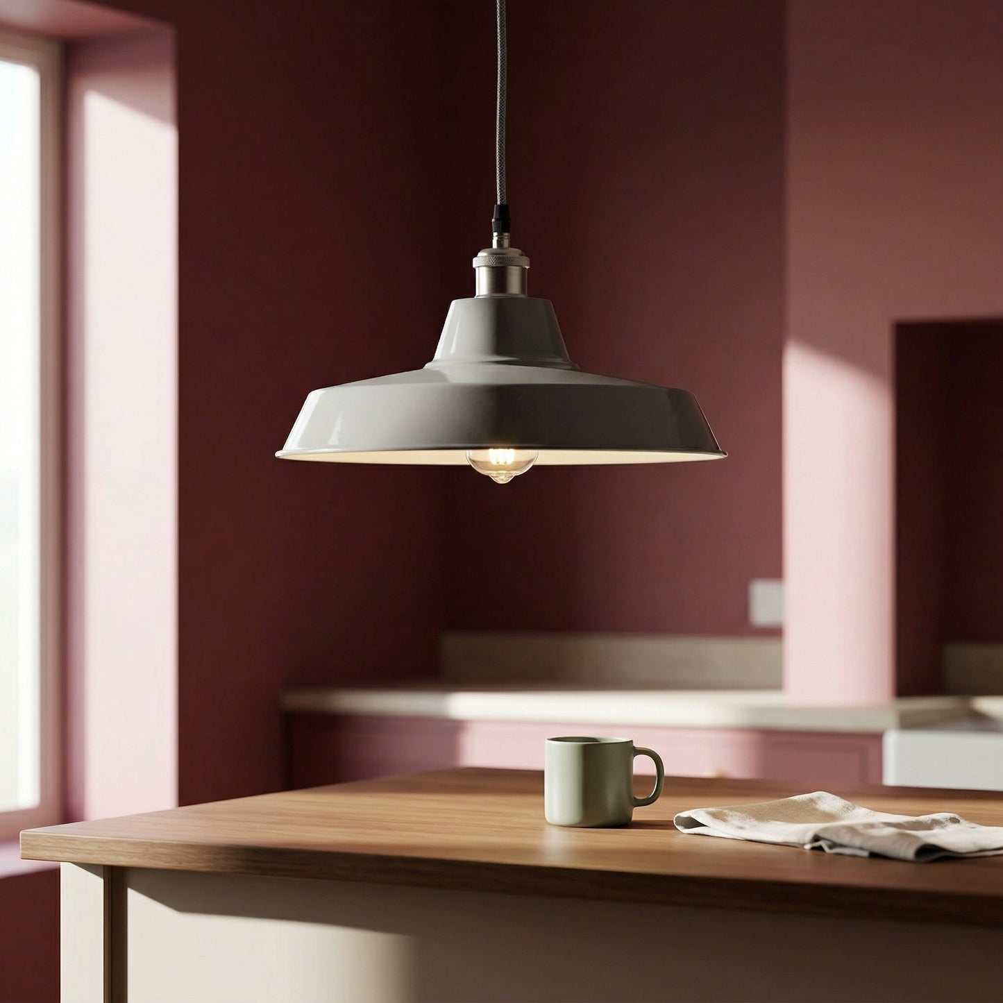 Factory Style Enamel Medium Industrial Grey Ceiling Light With Adjustable Cord