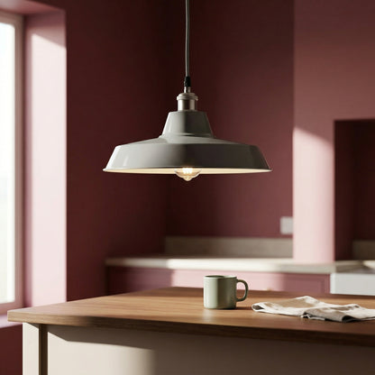 Factory Style Enamel Medium Industrial Grey Ceiling Light With Adjustable Cord