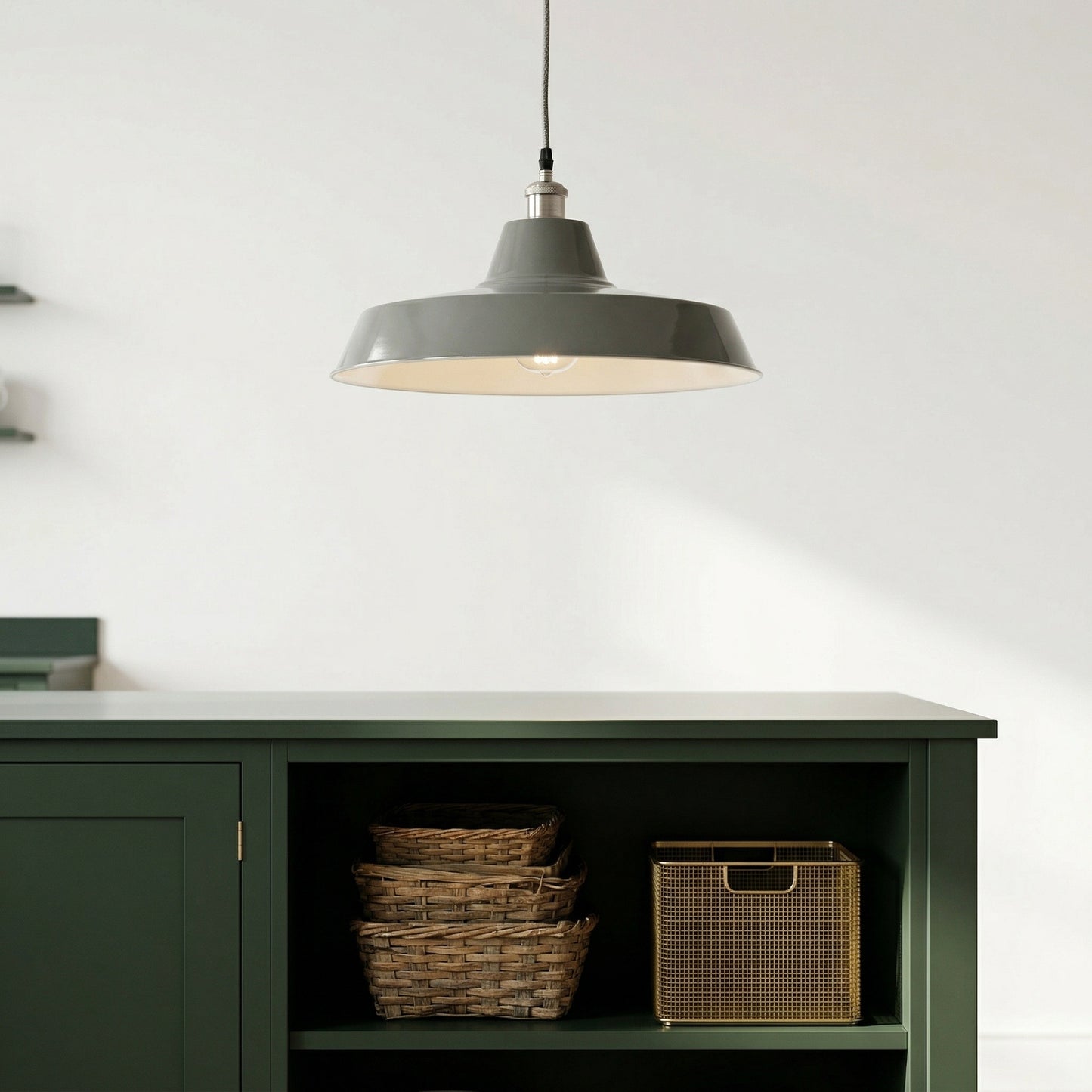 Factory Style Enamel Medium Industrial Grey Ceiling Light With Adjustable Cord