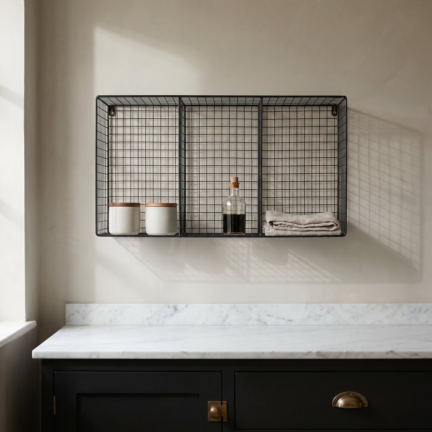 Industrial Metal Wire Large 3 Compartment Black Wall Mounted Shelf