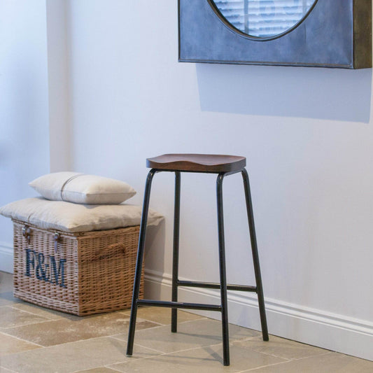 Industrial Vintage Style Science Poseur Lab Metal Black Wooden Kitchen Bar Stool With Mango Wood Top - Esmae & Rose