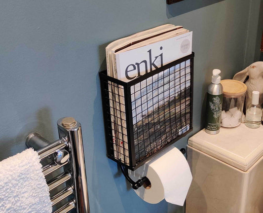 Loft Industrial Style Black Metal Mesh Wall Mounted Magazine And Toilet Loo Roll Holder - Esmae & Rose