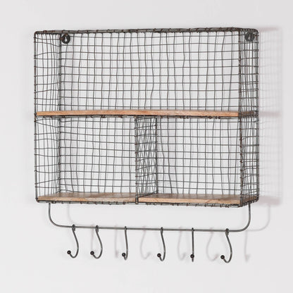 Rustic Loft Iron Metal Wire Large Multi Compartment Wall Mounted Wooden Shelf With Hooks Kitchen Storage - Esmae & Rose