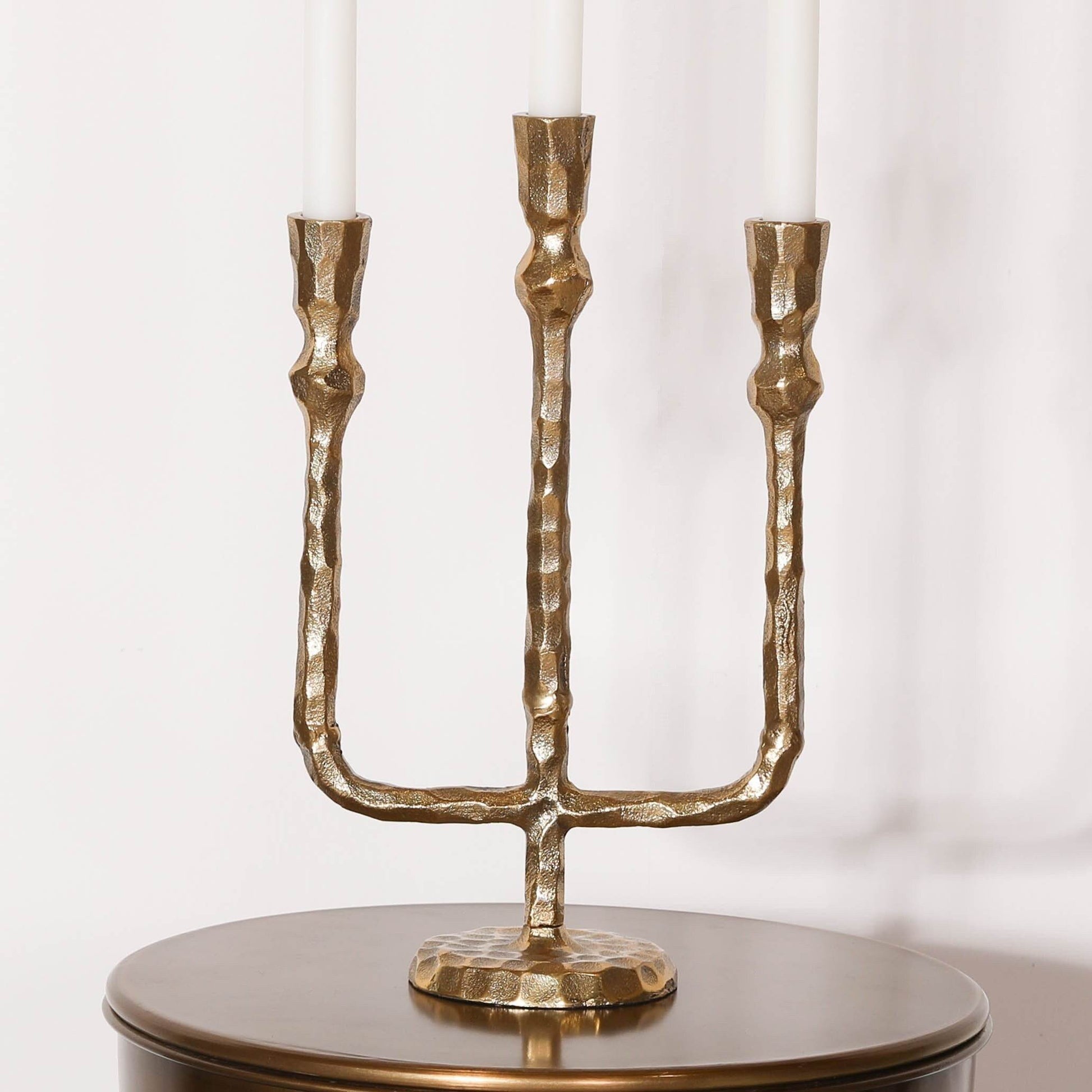 Rustic Metal Candle Holder Brass Plated Metal 3 Arm Candelabra Wedding Decor - Esmae & Rose