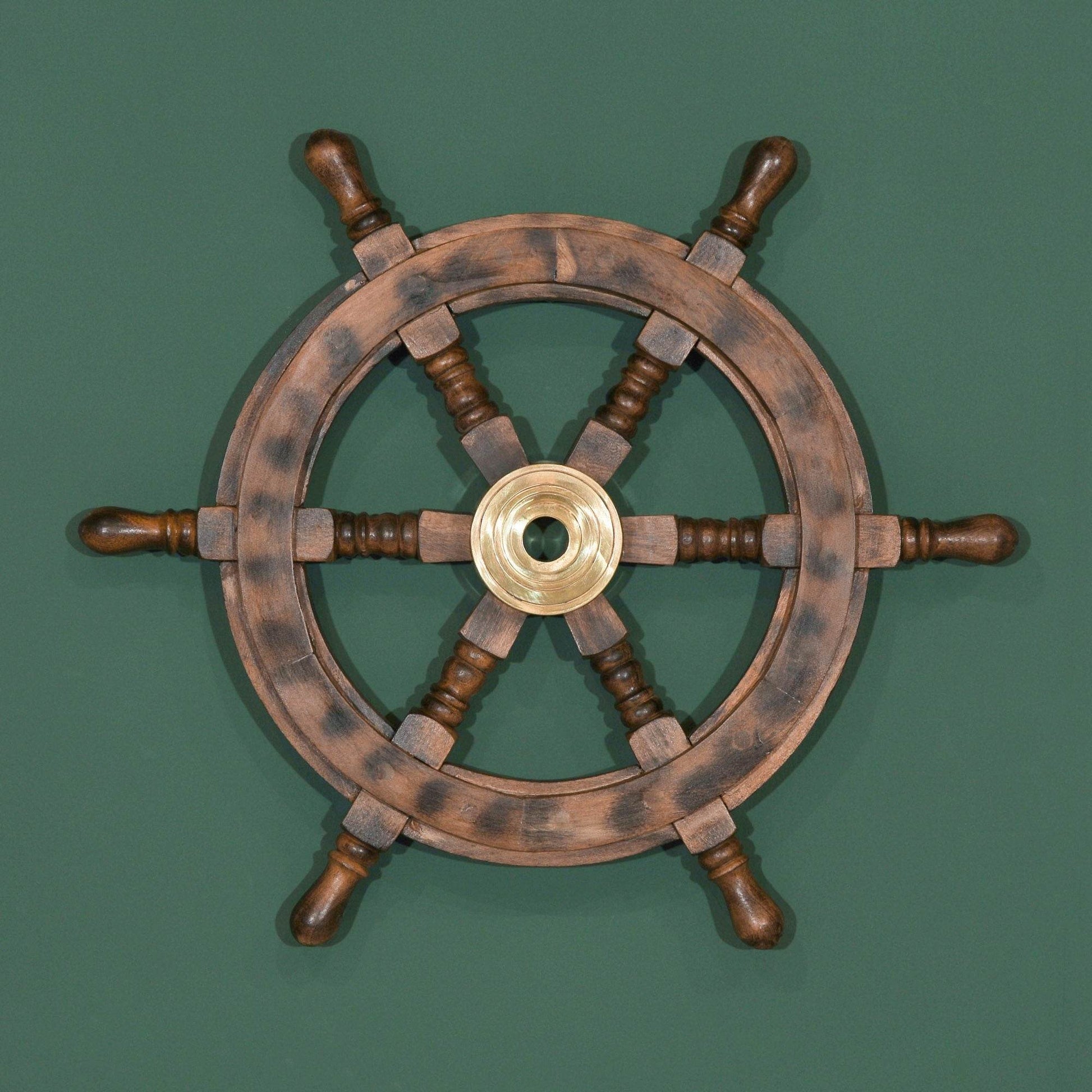 Seaside Coastal Nautical Decor Wooden Ships Wheel With Brass Accent - Esmae & Rose