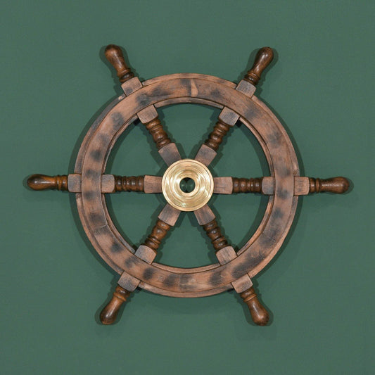 Seaside Coastal Nautical Decor Wooden Ships Wheel With Brass Accent - Esmae & Rose