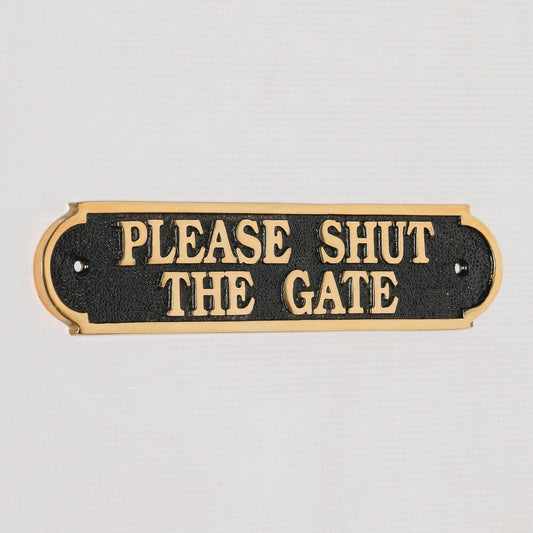 Vintage Victorian Style PLEASE SHUT The GATE Wall Cast Iron Sign Black & Brass Plaque - Esmae & Rose