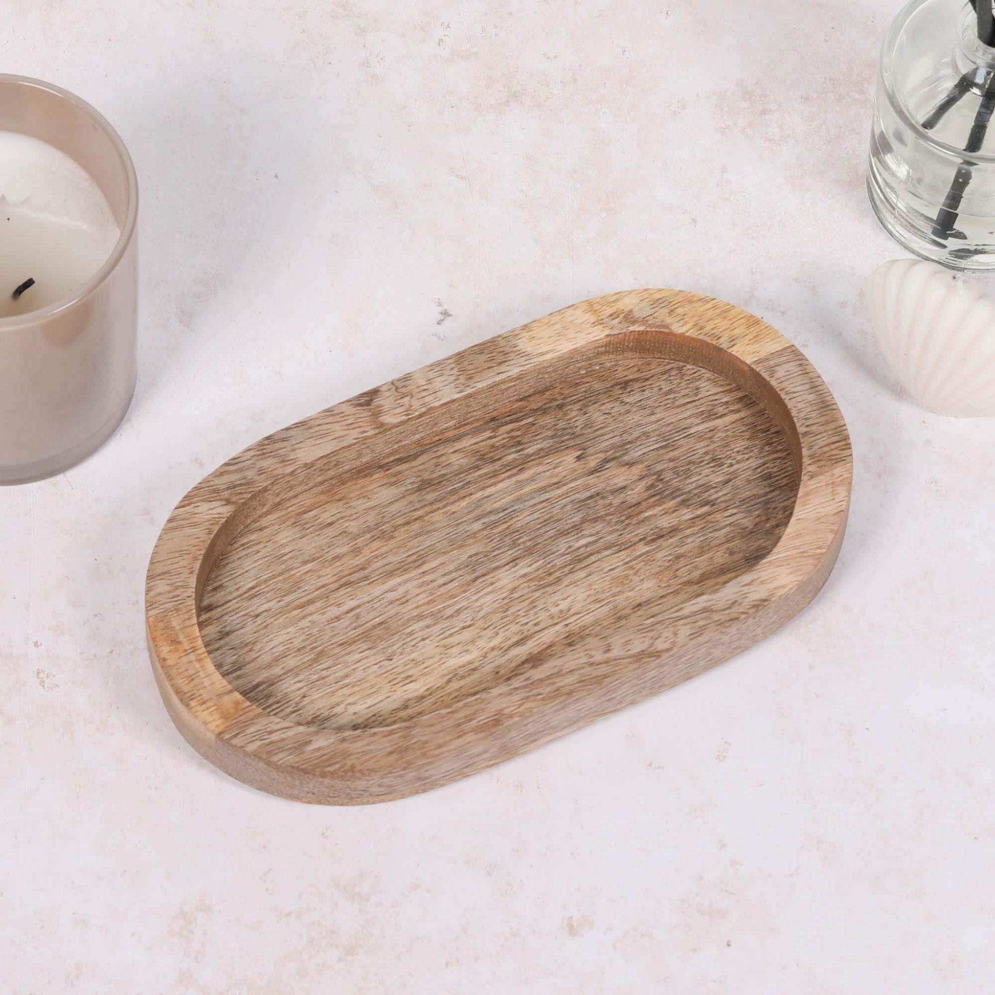 Natural Mango Wood Rustic Small Oval Valet Soap Diffuser Candle Jewellery Desk Wooden Tray With Rubber Feet - Esmae & Rose