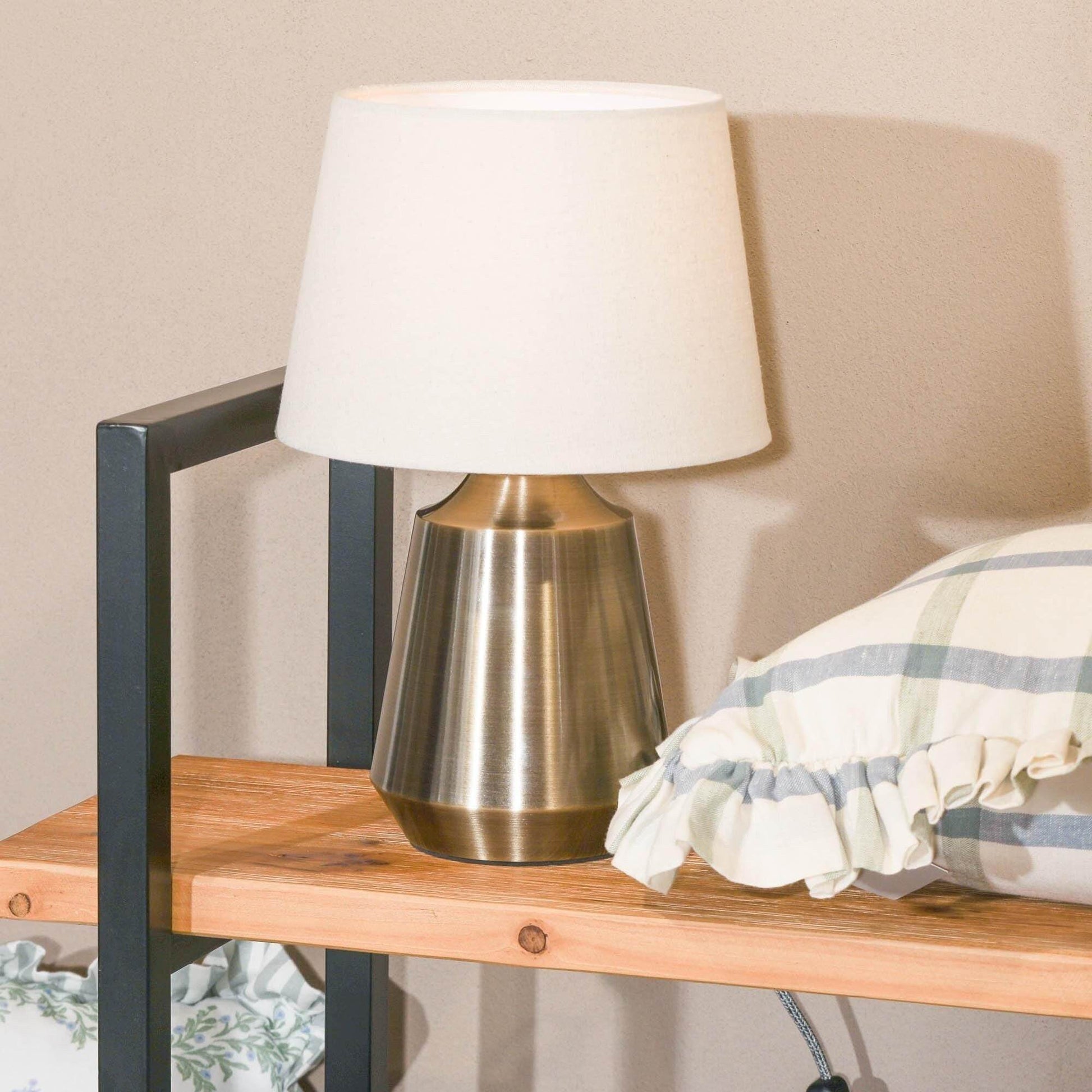 Satin Brass Style Finish Bedside Table Lamp With Fabric Shade And In Line Cable Toggle Switch - Esmae & Rose