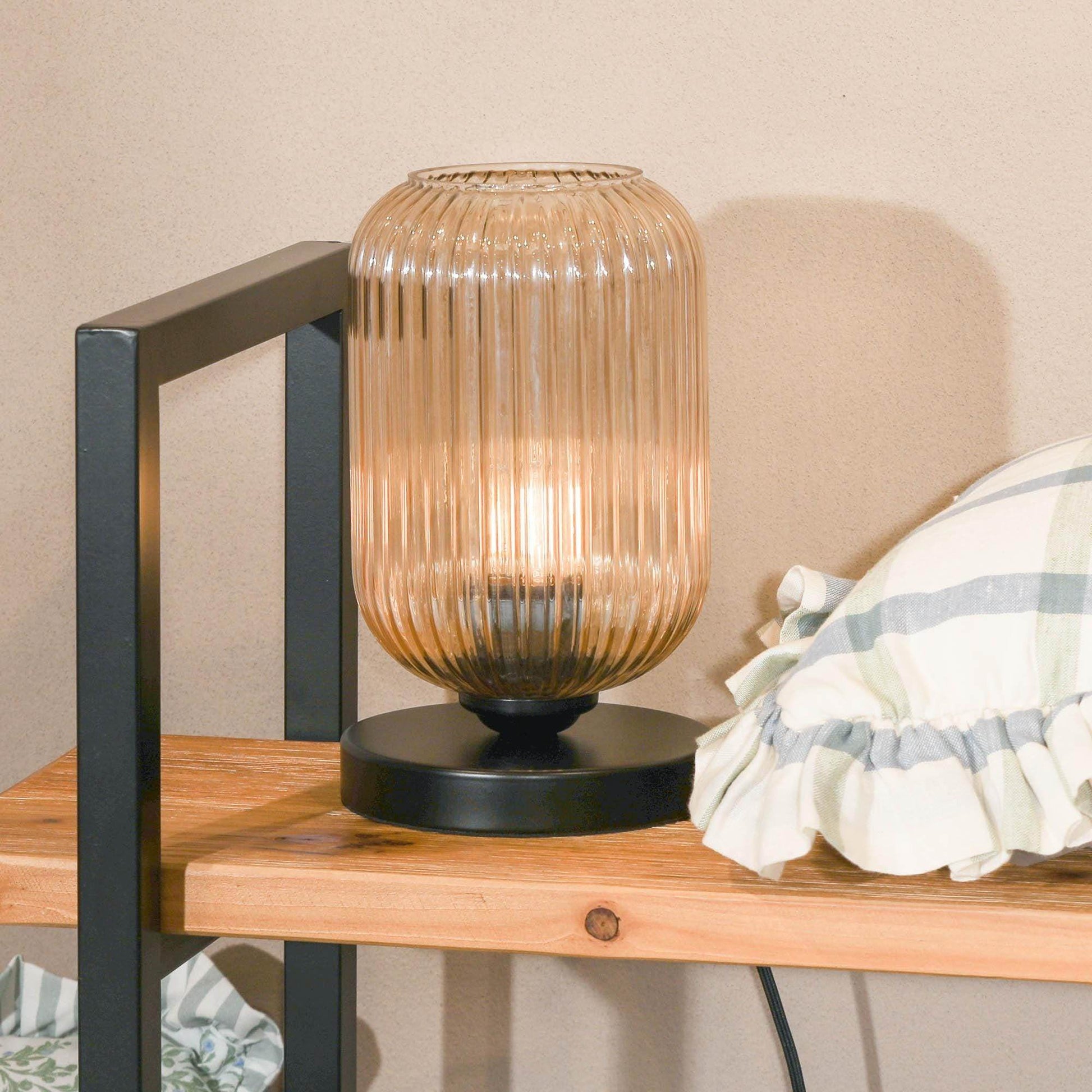 Fluted Smoked Glass Table Lamp With Black Metal Base - Esmae & Rose