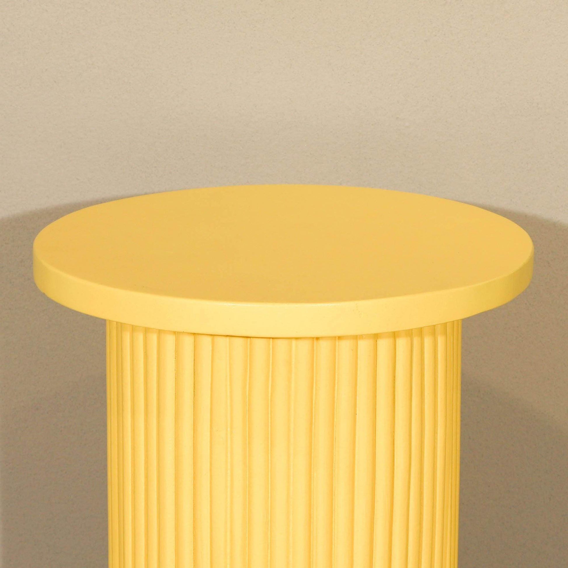 Hand Carved Yellow Wooden Reeded Fluted Round Top Occasional End Table Side Table - Esmae & Rose