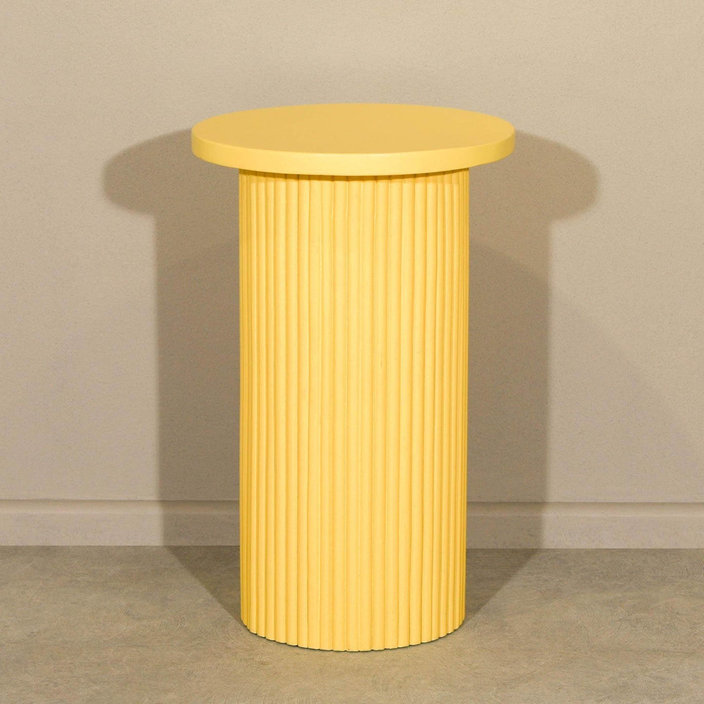 Hand Carved Yellow Wooden Reeded Fluted Round Top Occasional End Table Side Table - Esmae & Rose