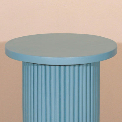 Hand Carved Blue Wooden Reeded Fluted Round Top Occasional End Table Side Table - Esmae & Rose