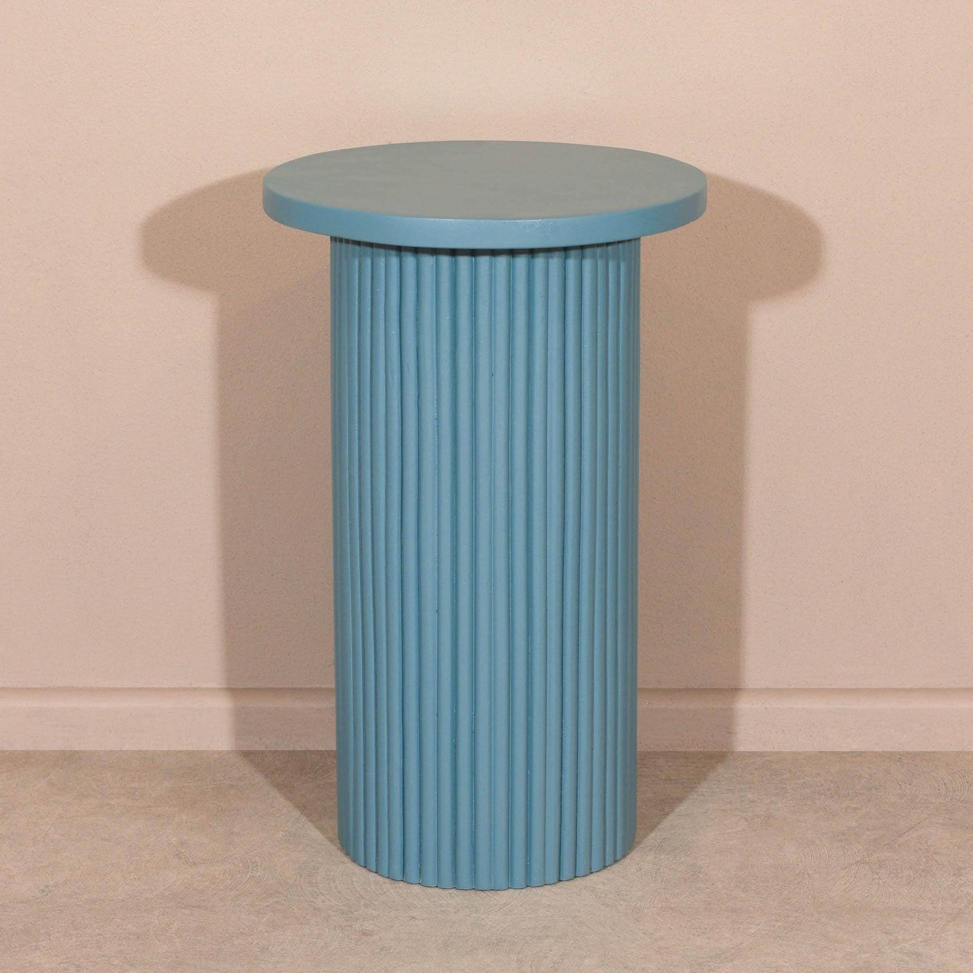 Hand Carved Blue Wooden Reeded Fluted Round Top Occasional End Table Side Table - Esmae & Rose