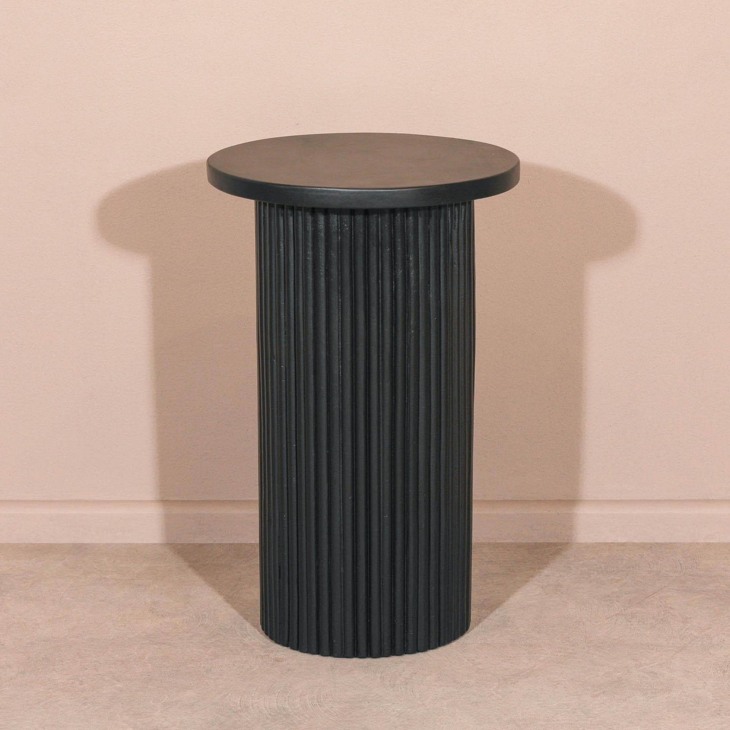 Hand Carved Black Wooden Reeded Fluted Round Top Occasional End Table Side Table - Esmae & Rose