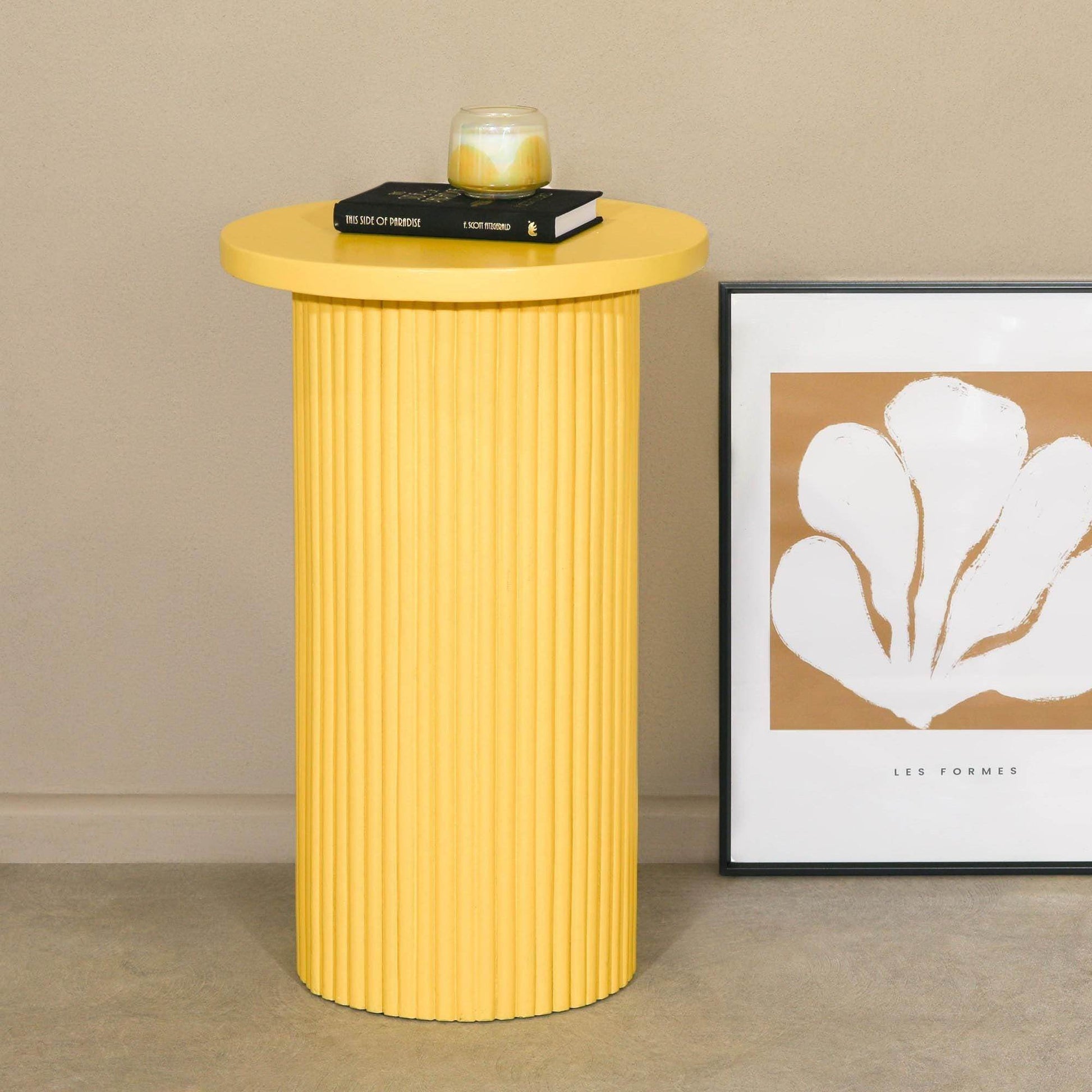 Hand Carved Yellow Wooden Reeded Fluted Round Top Occasional End Table Side Table - Esmae & Rose