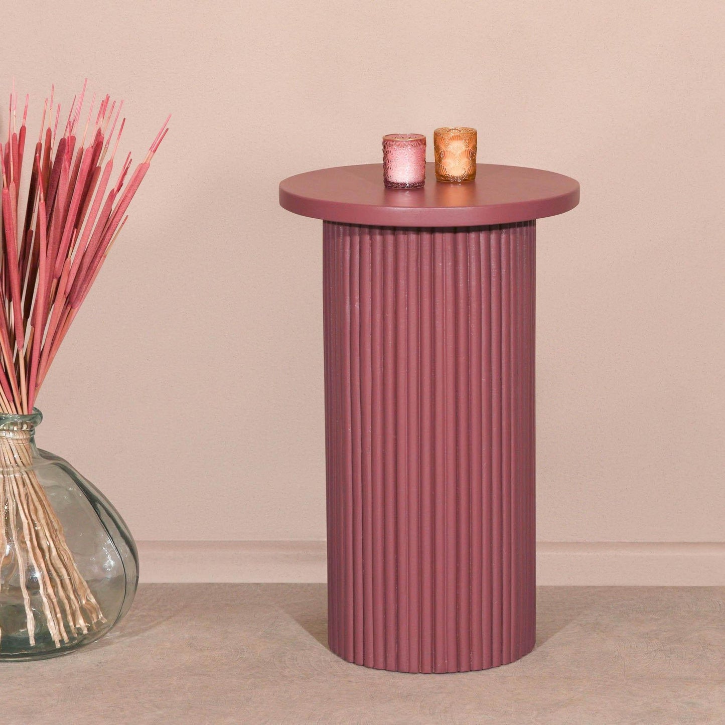 Hand Carved Damson Wooden Reeded Fluted Round Top Occasional End Table Side Table - Esmae & Rose