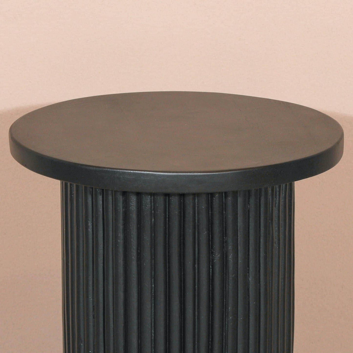 Hand Carved Black Wooden Reeded Fluted Round Top Occasional End Table Side Table - Esmae & Rose