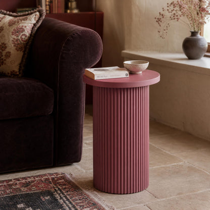 Hand Carved Damson Wooden Reeded Fluted Round Top Occasional End Table Side Table