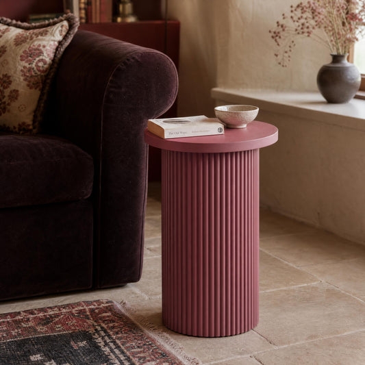 Hand Carved Damson Wooden Reeded Fluted Round Top Occasional End Table Side Table
