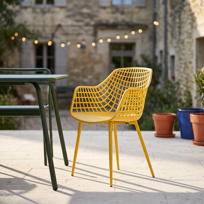 Modern Mesh Moulded Piazza Plastic Yellow Dining Chair With Arms